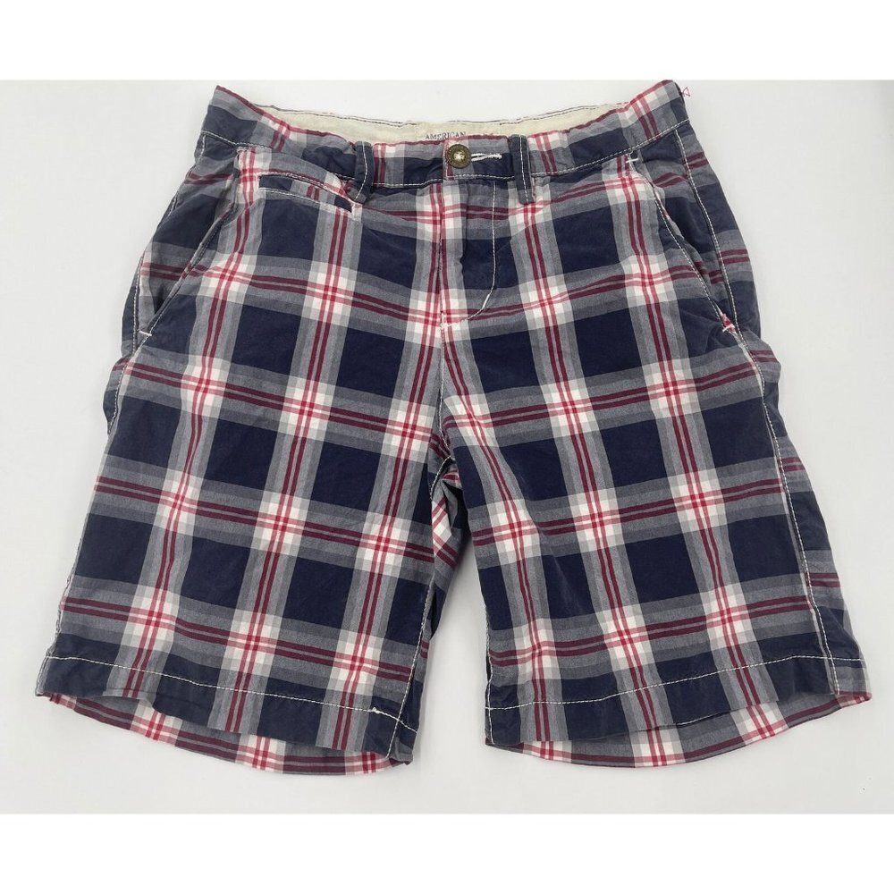 Y2k AMERICAN EAGLE Shorts Mens 30 Prep Fit Plaid Bermuda Chino Patriotic 9 inch